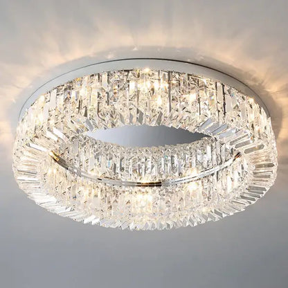 Modern gold crystal chandelier ceiling light with two concentric rings of faceted crystals in a sleek chrome frame