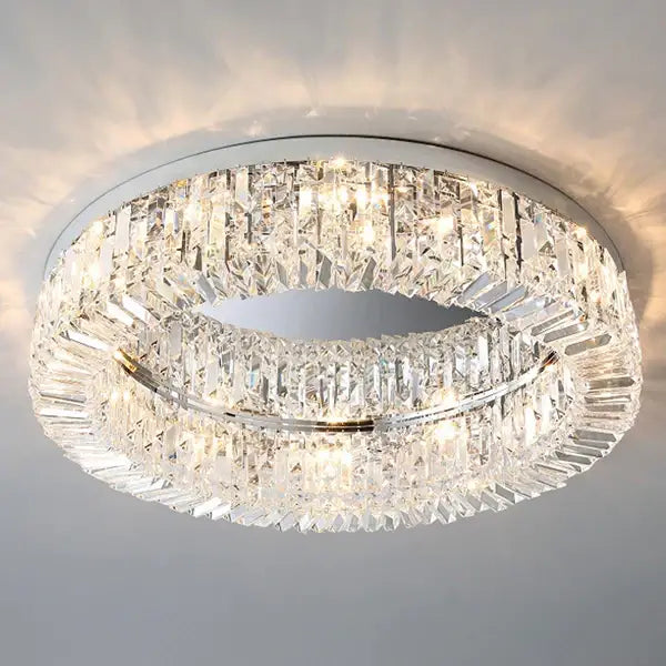 Modern gold crystal chandelier ceiling light with two concentric rings of faceted crystals in a sleek chrome frame