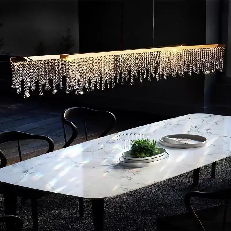 Modern gold crystal chandelier lighting fixture with rectangular frame and cascading clear crystal droplets for dining room decorbites crystal chandelier
