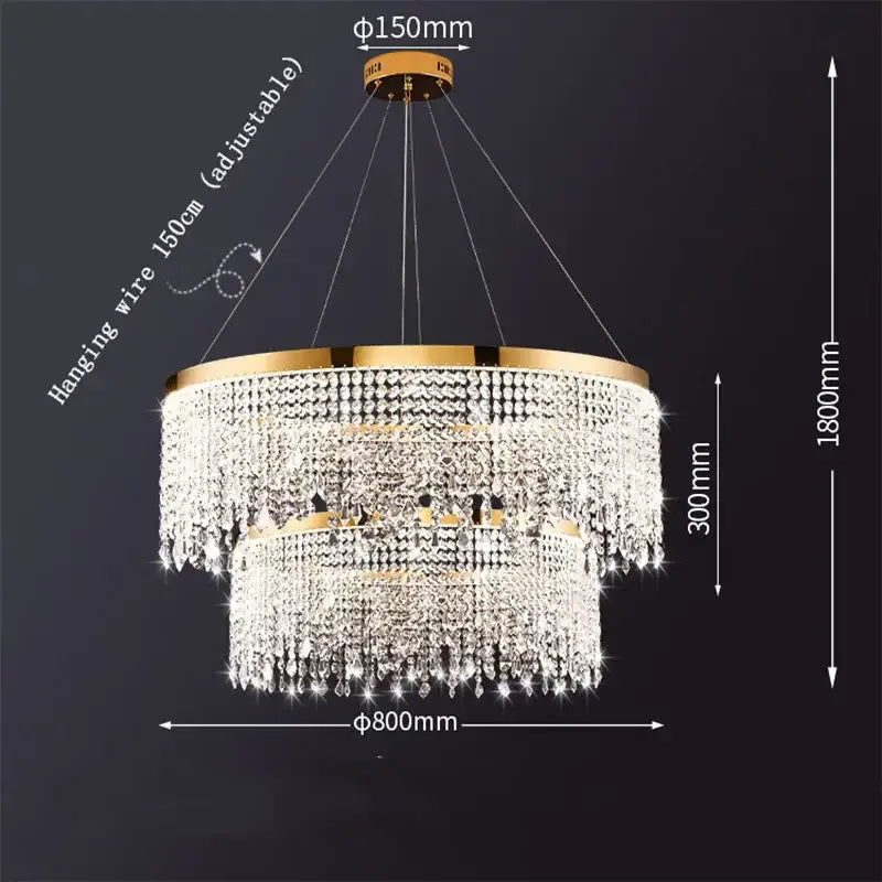 Modern gold crystal chandelier lighting fixture with double-tier design and cascading clear glass beads by decorbites crystal chandelier