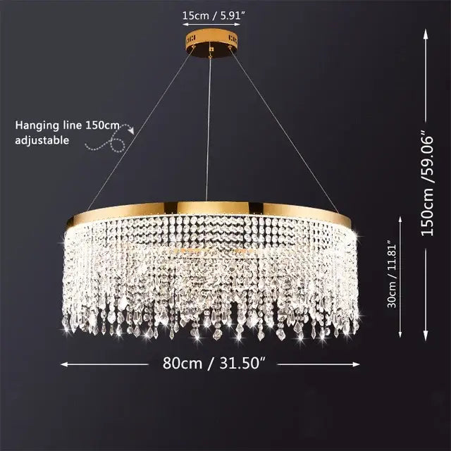 Modern gold crystal chandelier lighting fixture featuring a circular design with cascading clear crystal droplets for dining room decorbites crystal chandelier