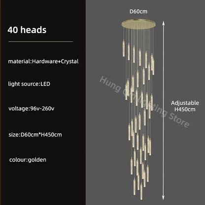 Modern gold crystal chandelier with 40 crystal-encased led light heads by decorbites for luxury dining room decor