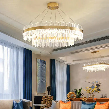 Modern gold decorbites circular crystal chandelier lighting fixture with clear prisms for dining room decor