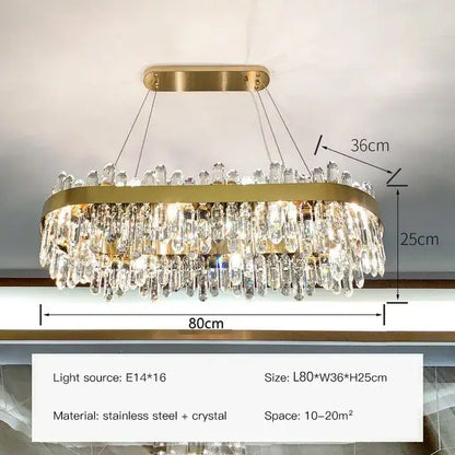 Modern gold crystal circle ceiling chandelier with oval gold-toned frame and cascading clear crystal droplets