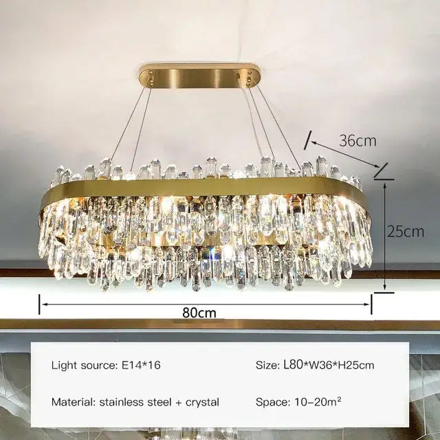 Modern gold crystal circle ceiling chandelier with oval gold-toned frame and cascading clear crystal droplets