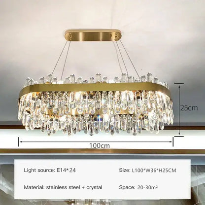 Modern gold crystal circle ceiling chandelier with oval frame and cascading clear crystal droplets for dining room decorbites crystal circle