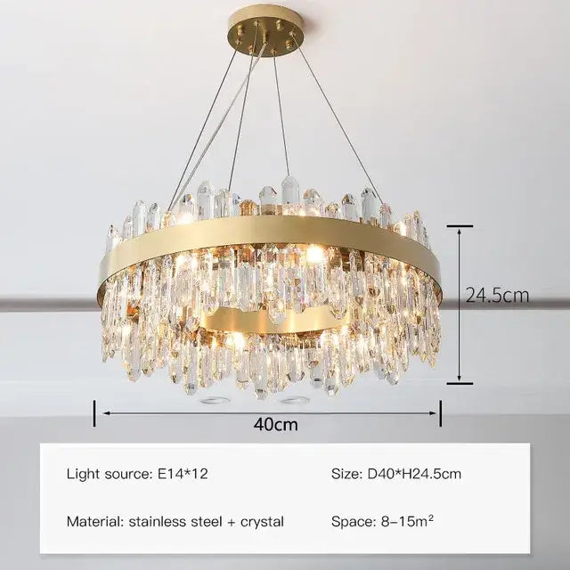 Modern gold crystal circle ceiling chandelier with cascading crystal droplets and stainless steel frame for dining room decorbites crystal circle