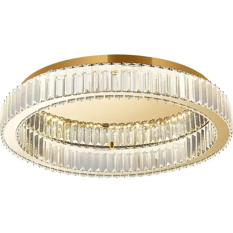 Modern gold crystal circle chandelier with double-ring metal frame and clear faceted crystal bars for living room decorbites crystal circle