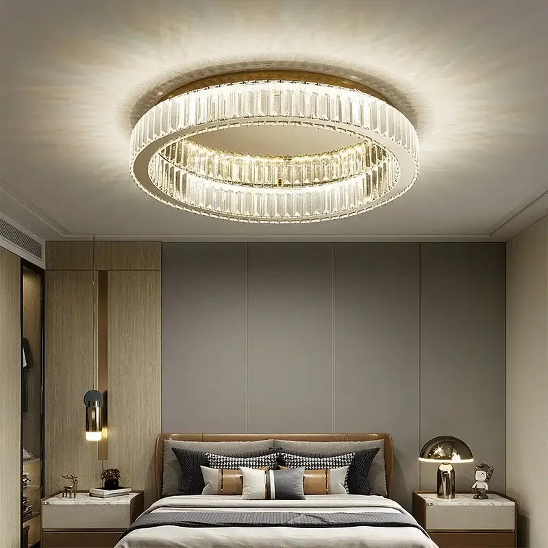 Modern gold crystal circle chandelier with two concentric faceted glass rings for living room decorbites crystal circle