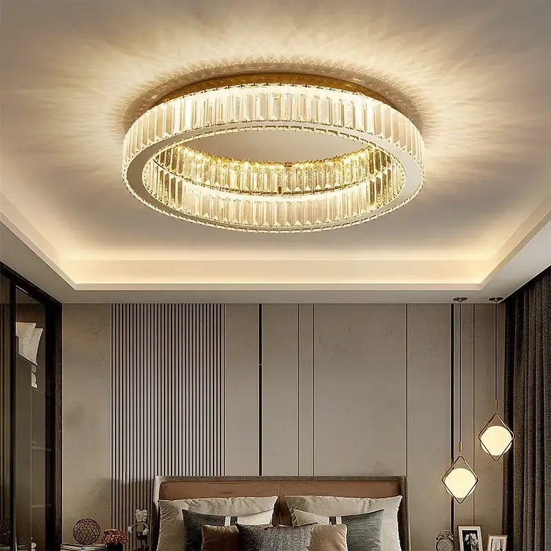 Modern gold crystal circle chandelier with two concentric rings of clear rods in metal frame for living room decorbites crystal circle
