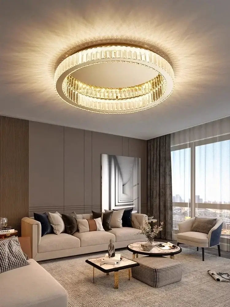 Modern gold crystal circle led chandelier with two concentric faceted crystal rings in a gold frame for living room decorbites crystal circle ceiling light