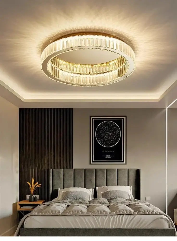 A modern gold crystal circle led chandelier with two faceted crystal rings and warm golden frame for living room decorbites crystal circle