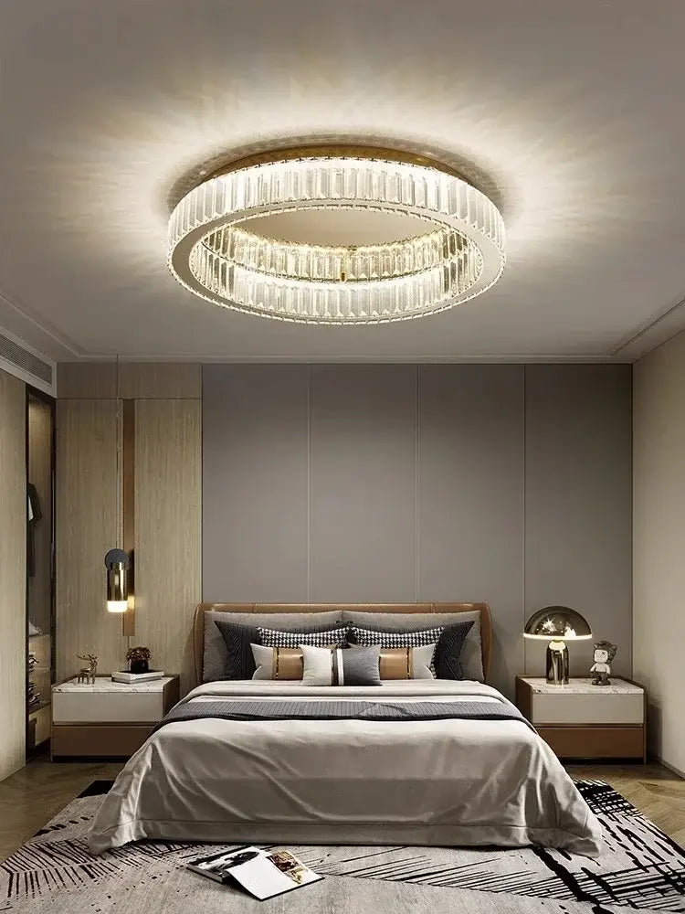 Modern gold crystal circle led chandelier with two concentric crystal circle led rings and metallic frame for living room decorbites crystal circle circle led ceiling