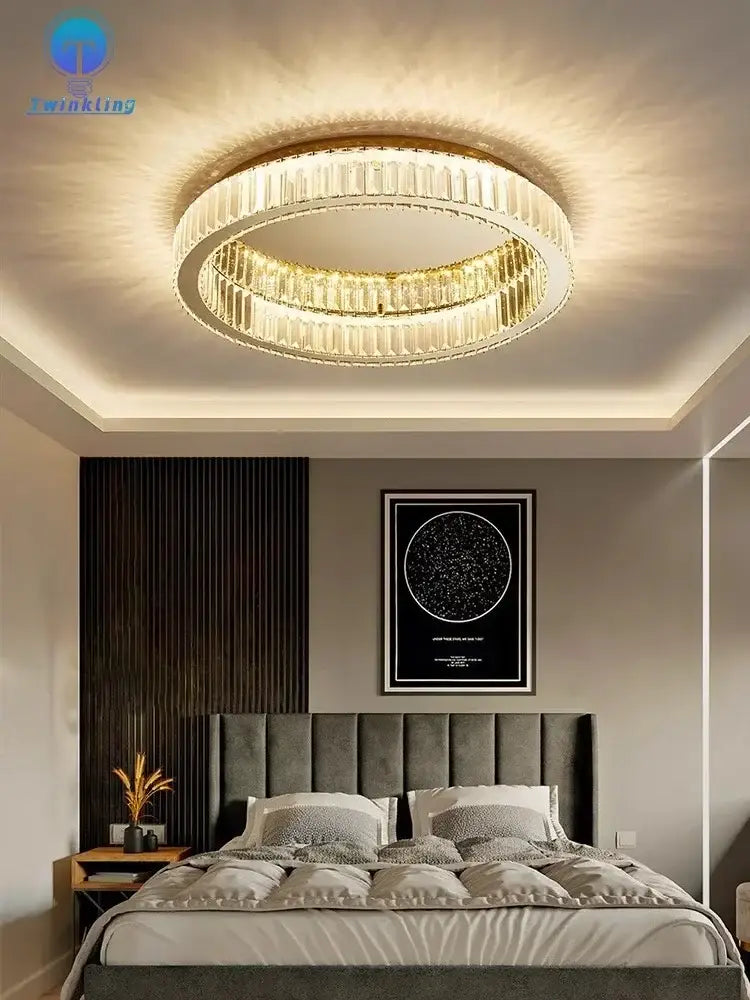 Modern gold crystal circle led chandelier with two concentric rings of faceted glass elements for living room decorbites crystal circle