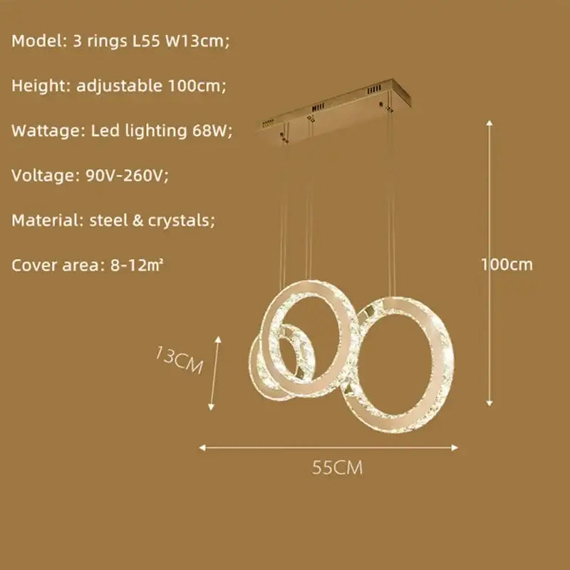 Modern gold crystal circle led pendant chandelier with sleek steel and crystal design and adjustable height for versatile lighting
