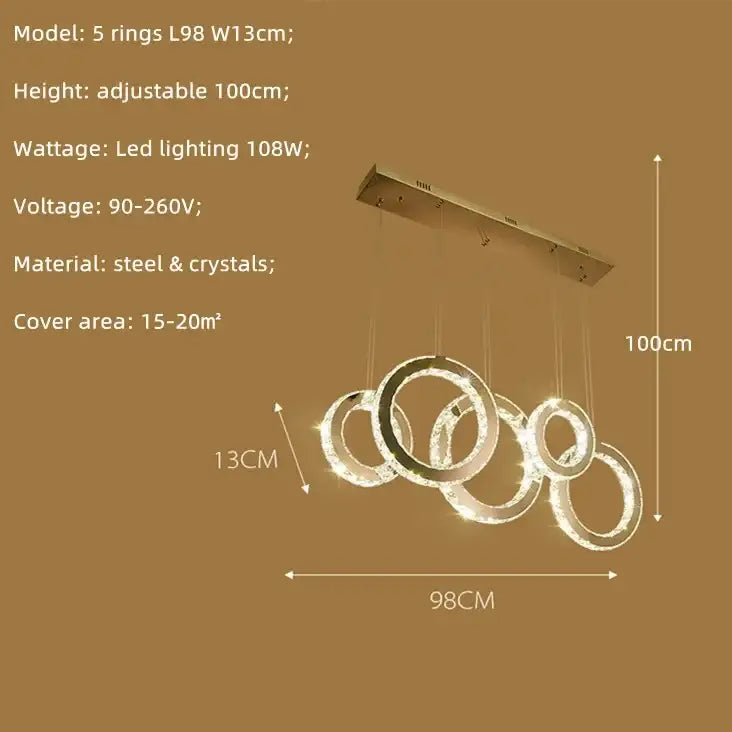 Modern gold pendant chandelier with five-ring steel frame and decorbites crystal circle led accents for dining room decor
