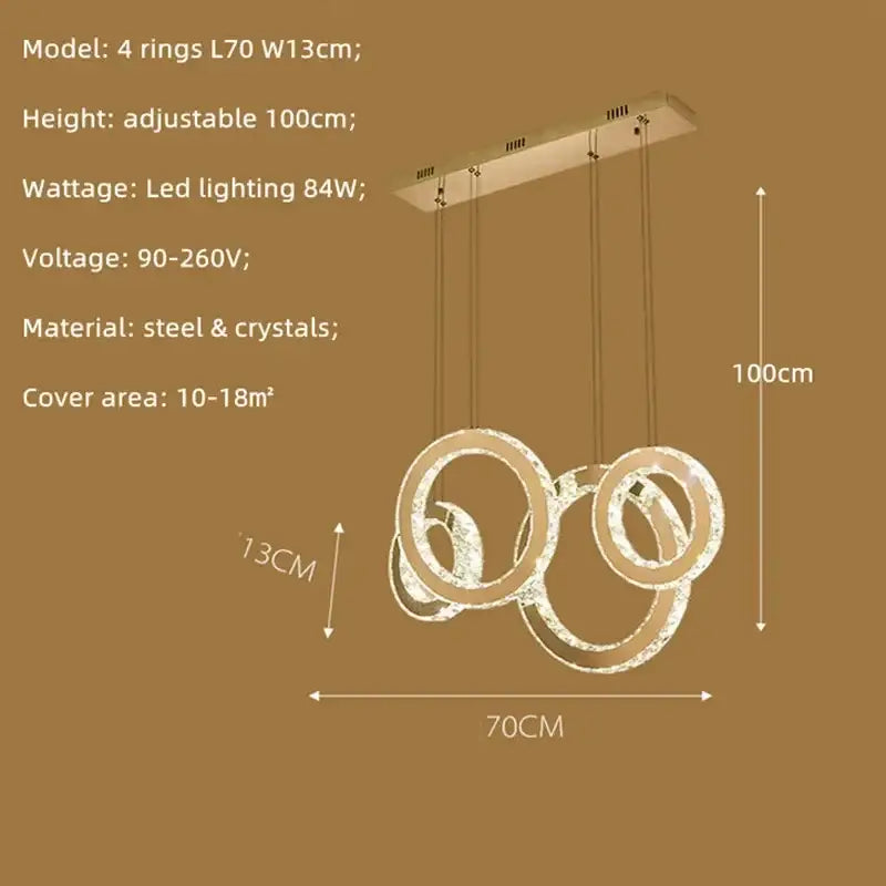Modern gold pendant chandelier with four interlocking steel and crystals rings decorbites crystal circle led design