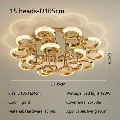 Modern gold ceiling light with 15 circle ring led heads made of hardware and acrylic for bedroom lighting