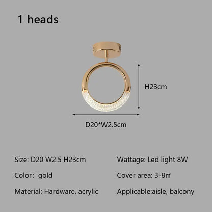 Modern gold ceiling light with circle ring led design and embedded crystal accents for bedroom illumination