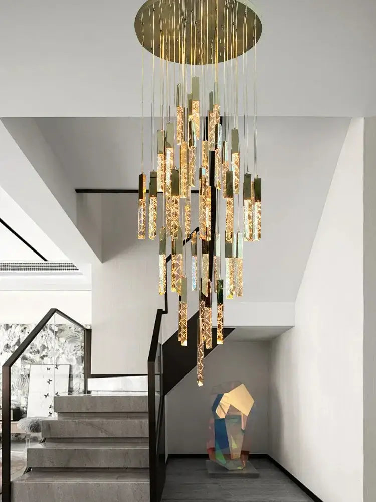 Modern gold crystal circular staircase chandelier with cascading etched cylindrical glass elements for villa foyer decorbites crystal circular