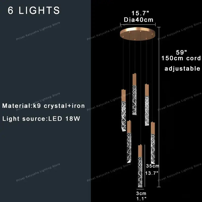 Modern gold crystal circular staircase chandelier with six led lights and bronze-finished geometric iron rods decorbites crystal circular