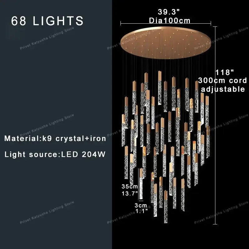 Modern gold crystal circular staircase chandelier with 68 led lights crafted from k9 crystal and iron for villa foyer decorbites crystal circular