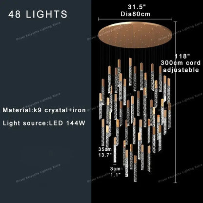 Modern gold crystal circular staircase chandelier with 48 leds, bronze top, and hanging crystal-iron rods for villa foyer decorbites crystal circular