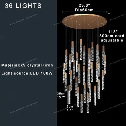 Elegant modern gold crystal circular staircase chandelier with 36 led lights crafted from k9 crystal and bronze iron