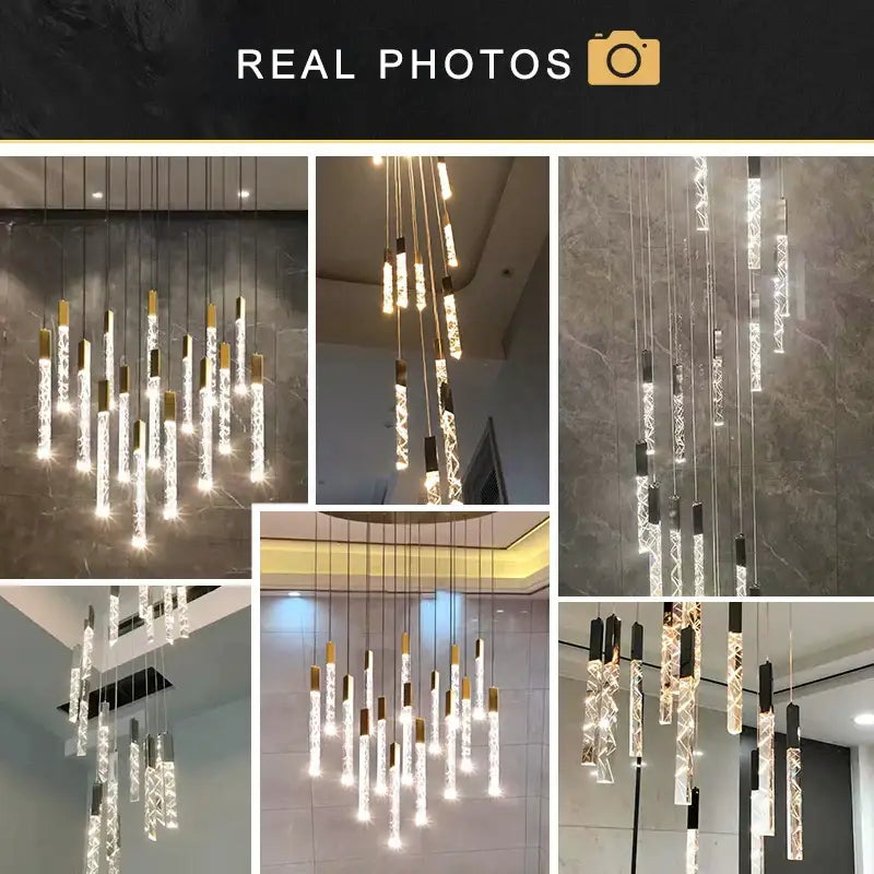 Modern gold crystal circular staircase chandelier with black accents and clear glass tubes glowing warmly for villa foyer decorbites crystal circular design