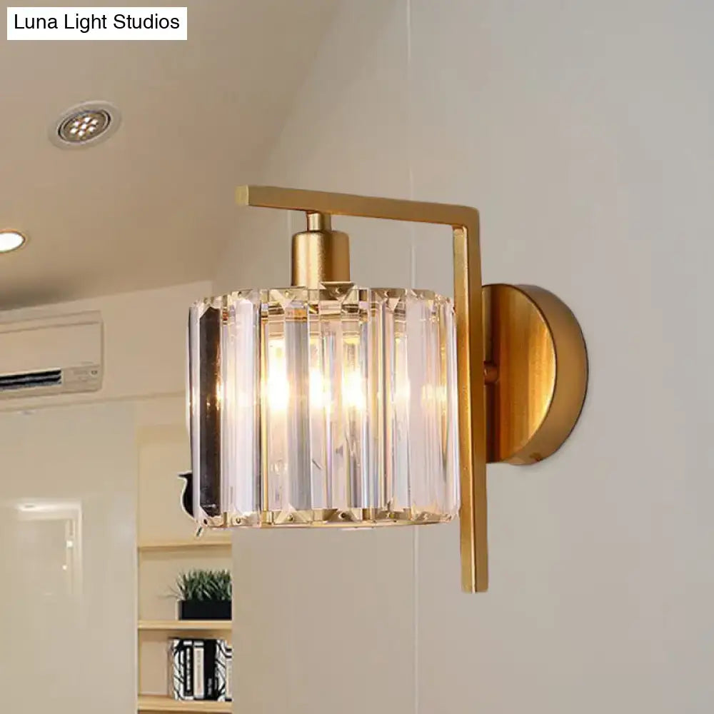 Modern gold crystal column wall sconce with cylindrical faceted crystal shade for elegant bedroom wall lamp light