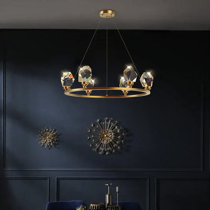 Modern gold crystal copper round chandelier with faceted pendants for elegant dining room decorbites crystal copper design