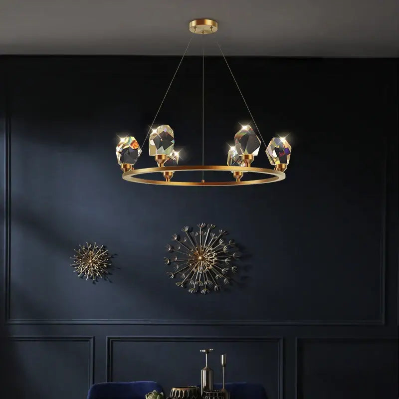 Modern gold crystal copper round chandelier with faceted pendants for elegant dining room decorbites crystal copper design