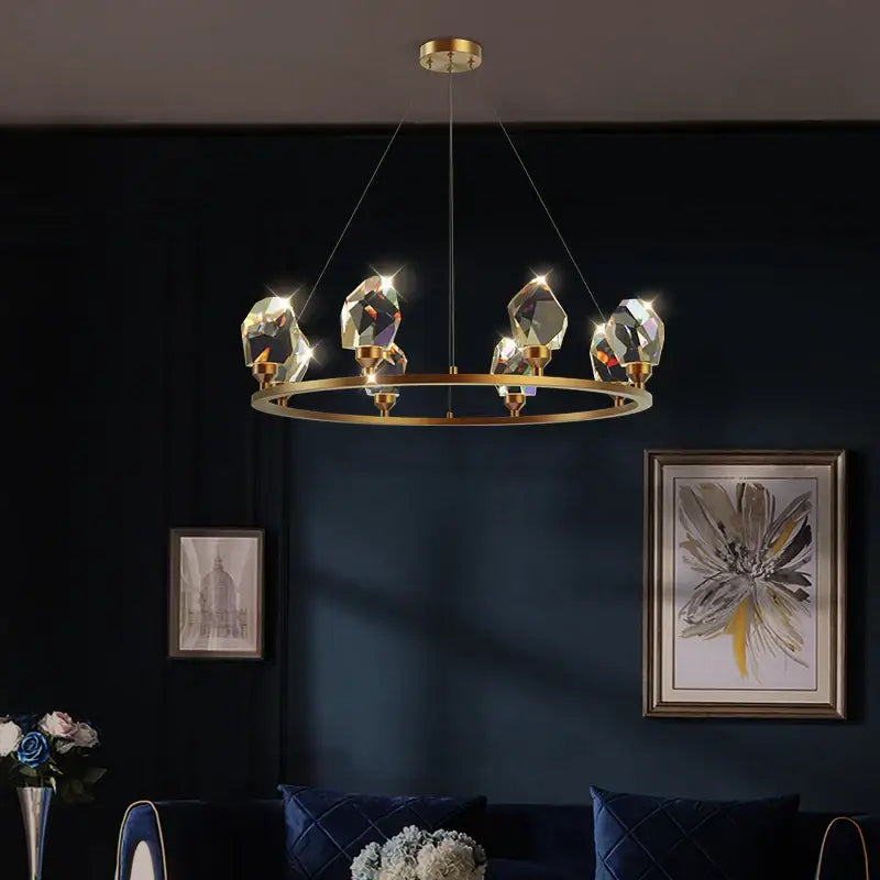 Modern gold crystal copper round chandelier with faceted pendant lights for dining room decorbites crystal copper lighting