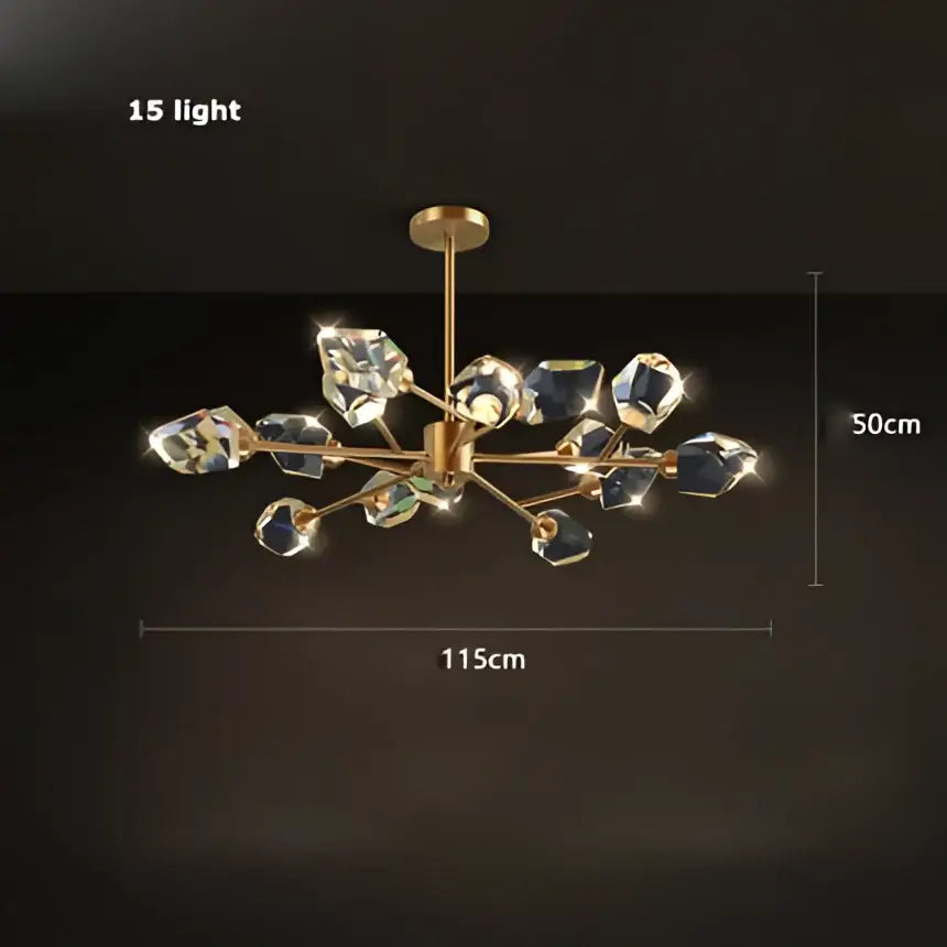 Modern gold crystal copper round chandelier with 15 faceted crystal lights in a radial design for dining room decorbites crystal copper