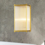 Modern gold crystal cuboid wall sconce light with gold frame and vertical frosted glass panels direct wired electric
