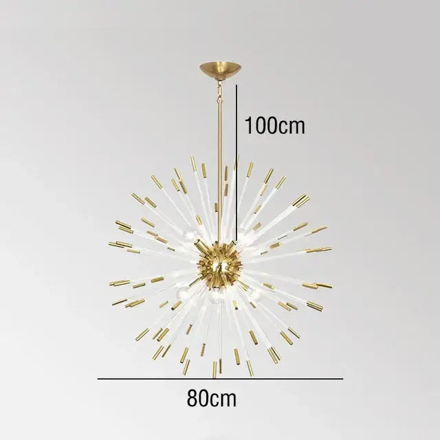 Modern gold crystal dandelion led chandelier with clear glass rods and brass accents in a living room light decorbites crystal dandelion