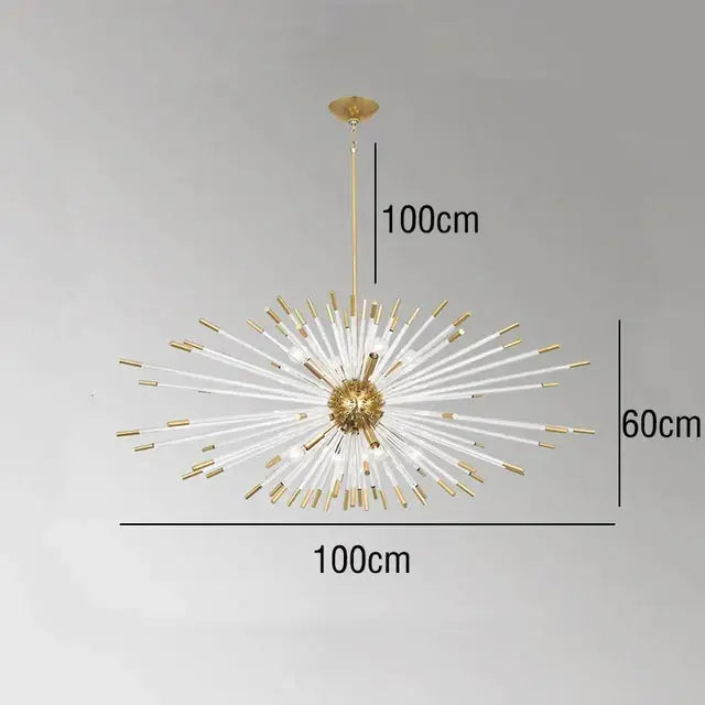 Modern gold crystal dandelion led chandelier with gold-toned sputnik design and clear glass arms for living room decorbites lighting