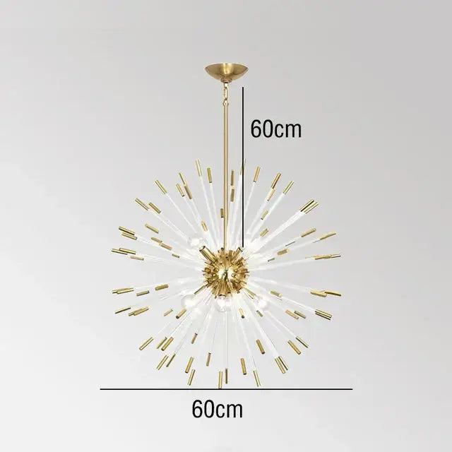 Modern gold crystal dandelion led chandelier with clear glass rods and metallic accents in a radial burst pattern