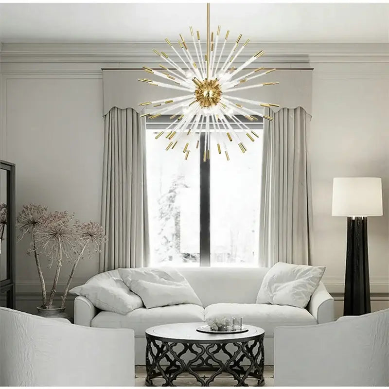 Modern gold crystal dandelion led chandelier with slender radiating arms for living room decorbites crystal dandelion light