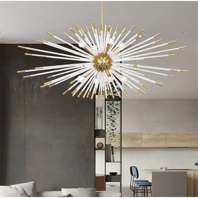 Modern gold crystal dandelion led chandelier with starburst design for stylish living room decorbites crystal dandelion