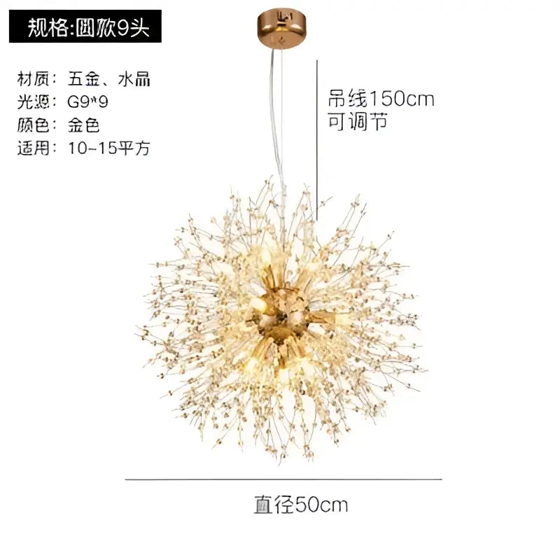 Modern gold crystal dandelion pendant light featuring a brass and crystal starburst design for dining room decorbites pendant lights