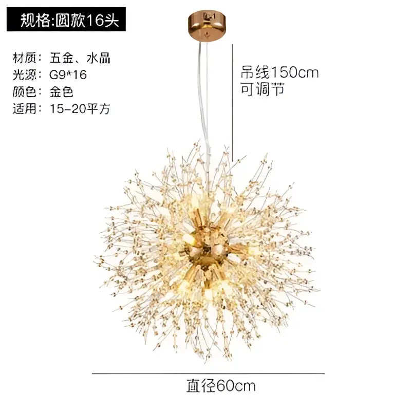 Modern gold crystal dandelion pendant light with 16 crystal arms brass mount and adjustable 150cm chain for dining room decorbites pendant lights