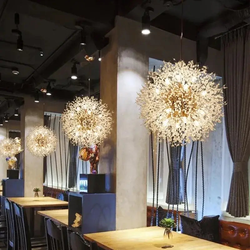 Modern gold crystal dandelion pendant light featuring spherical design with glass elements for dining room pendant lights