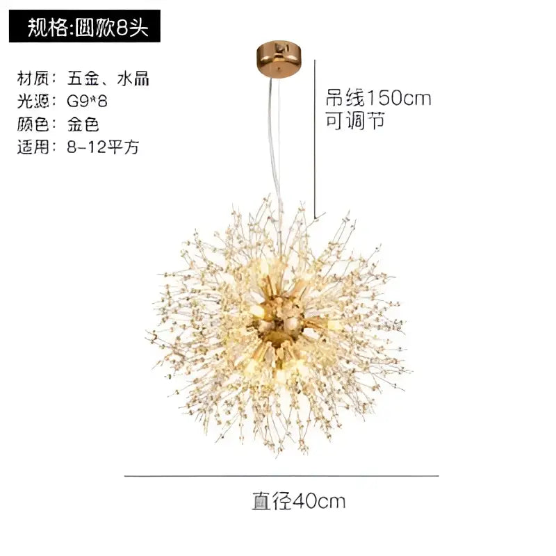 Modern gold crystal dandelion pendant light with spherical design, gold-toned metal, crystals, and adjustable 150cm chain