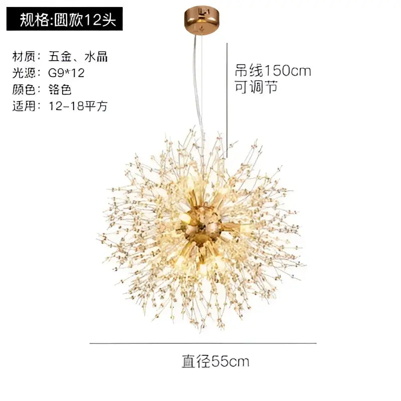 Modern gold crystal dandelion pendant light with 150cm adjustable chain and 55cm diameter for dining room decorbites pendant lights