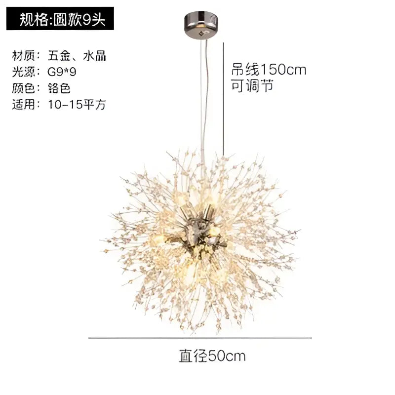 Modern gold crystal dandelion pendant light with a silver spherical design and radiating crystal elements for dining room decorbites pendant lights