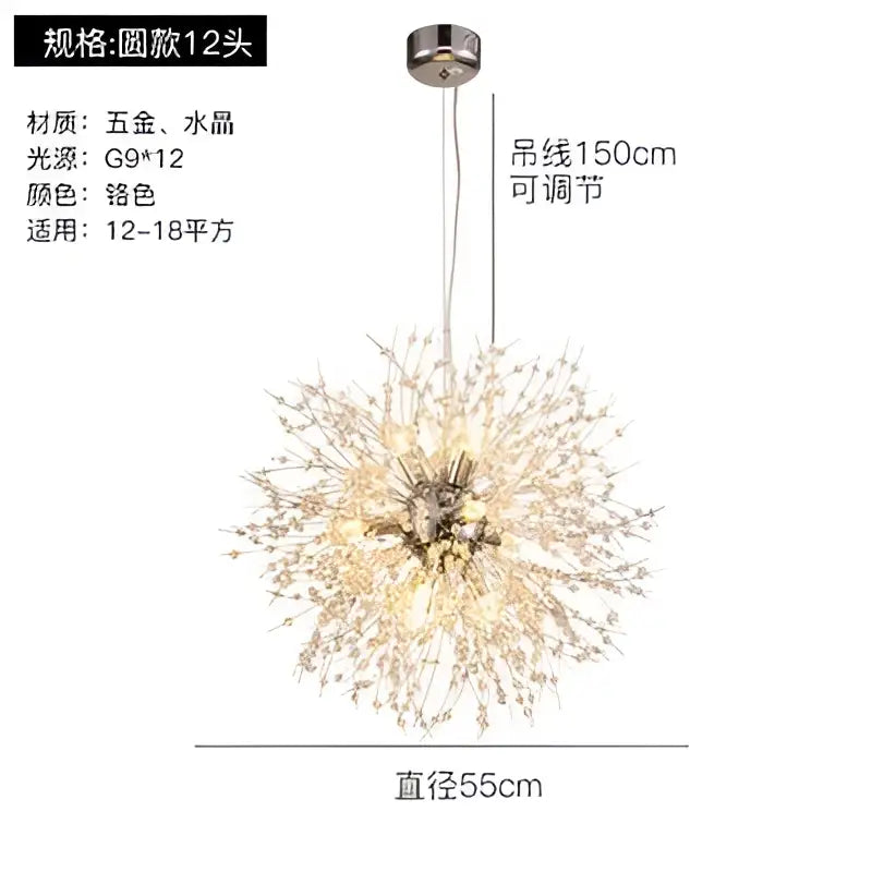 Modern gold crystal dandelion pendant light with 12 radial lights in silver metal and crystal for dining room decorbites pendant lights