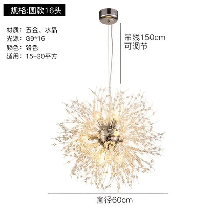 Modern gold crystal dandelion pendant light featuring a spherical metallic chandelier with crystal elements for dining room decor