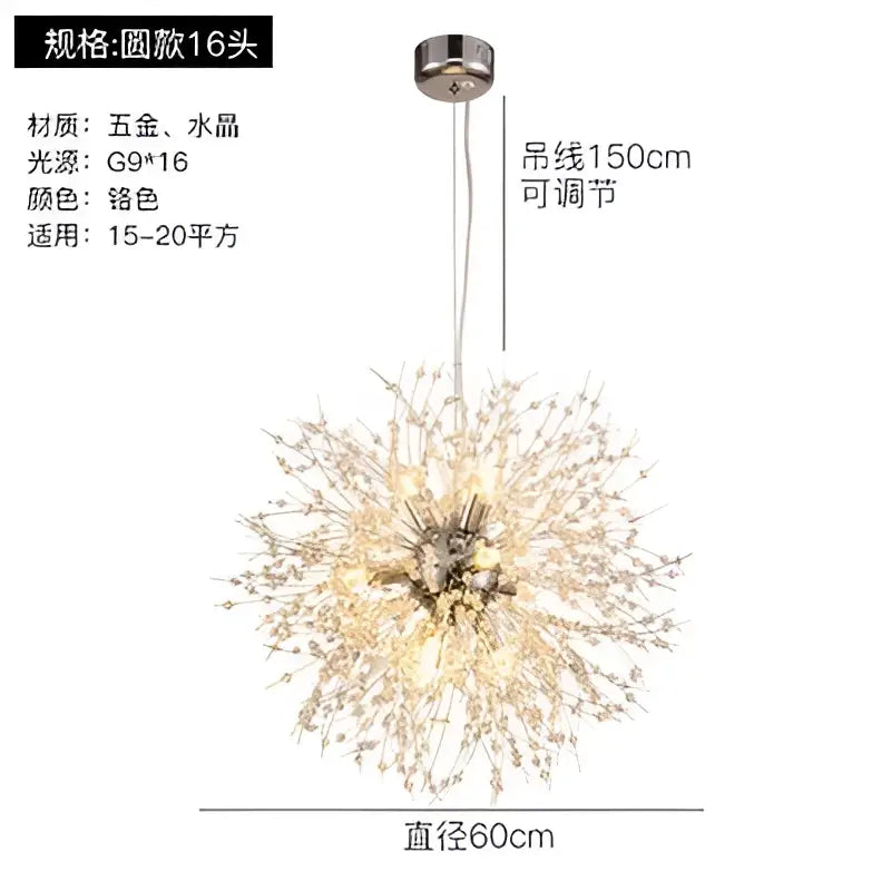 Modern gold crystal dandelion pendant light featuring a spherical metallic chandelier with crystal elements for dining room decor