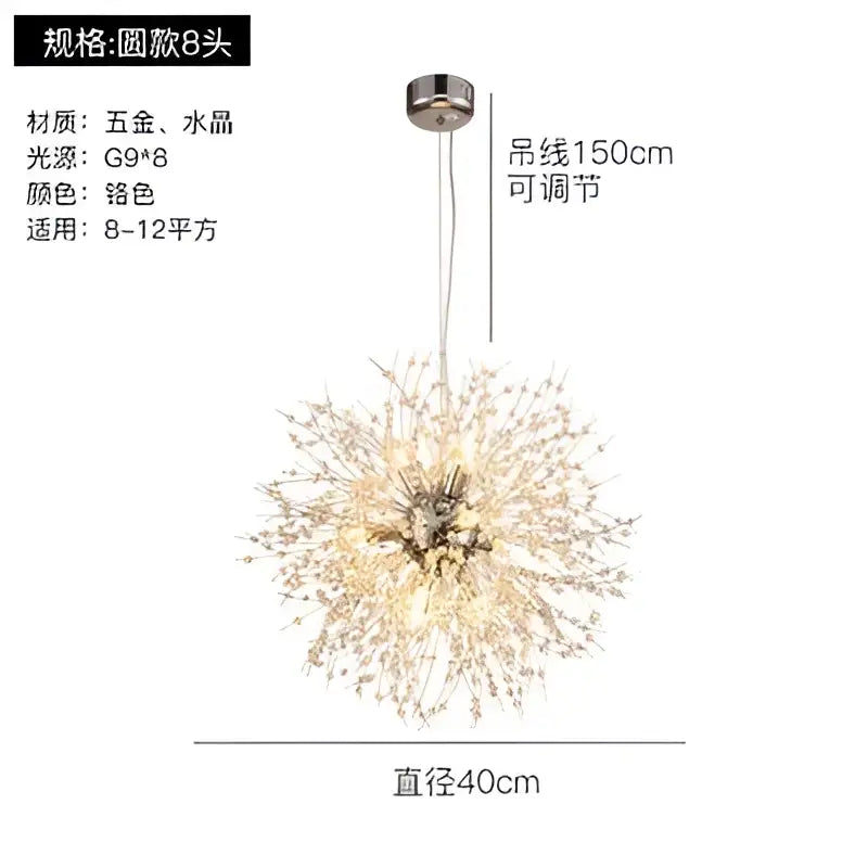 Modern gold crystal dandelion pendant light featuring metallic spherical design with radial crystal elements for dining room decor